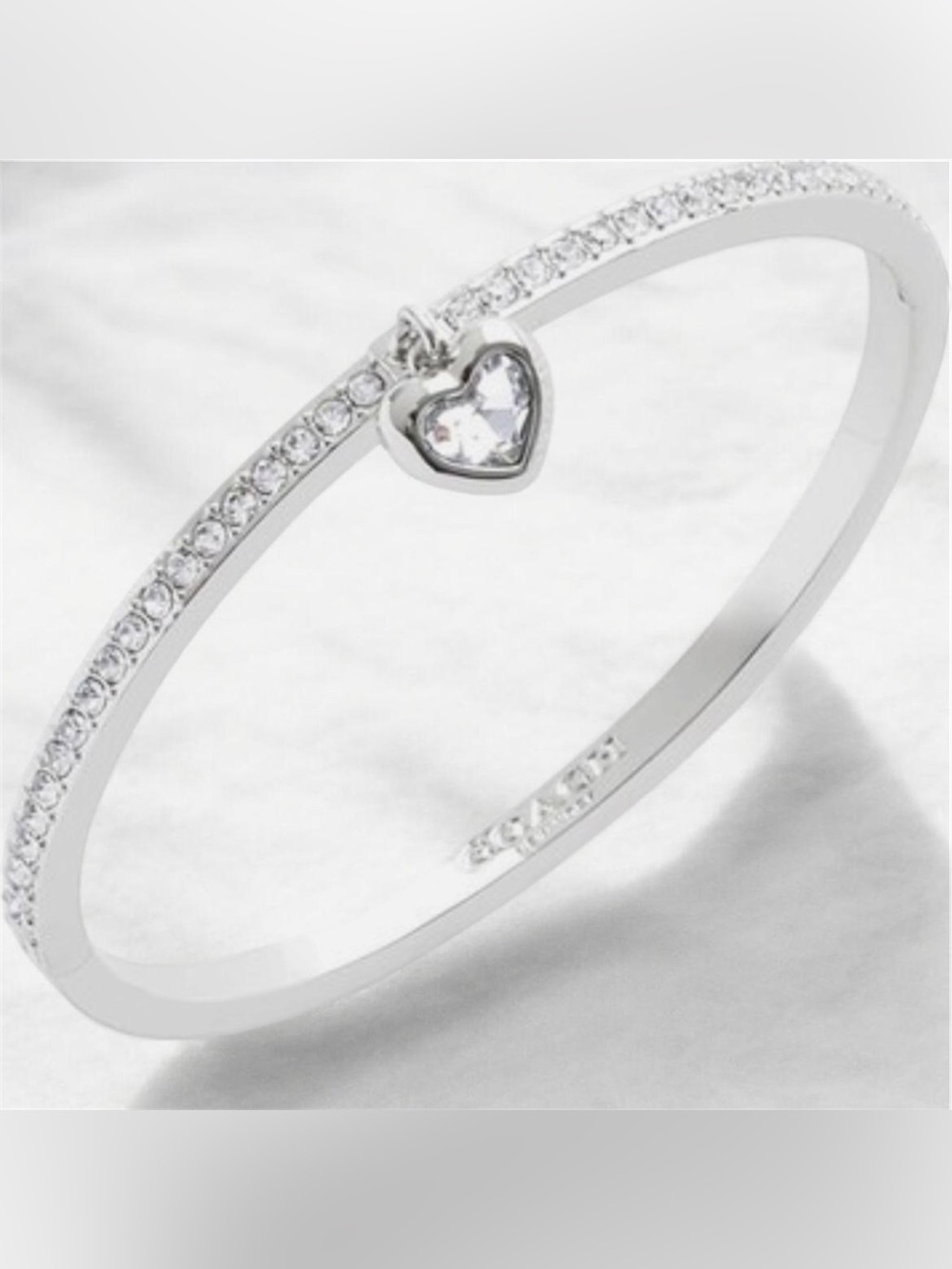 NWT Coach Faux Stone Heart Charm Bangle Bracelet in Silver